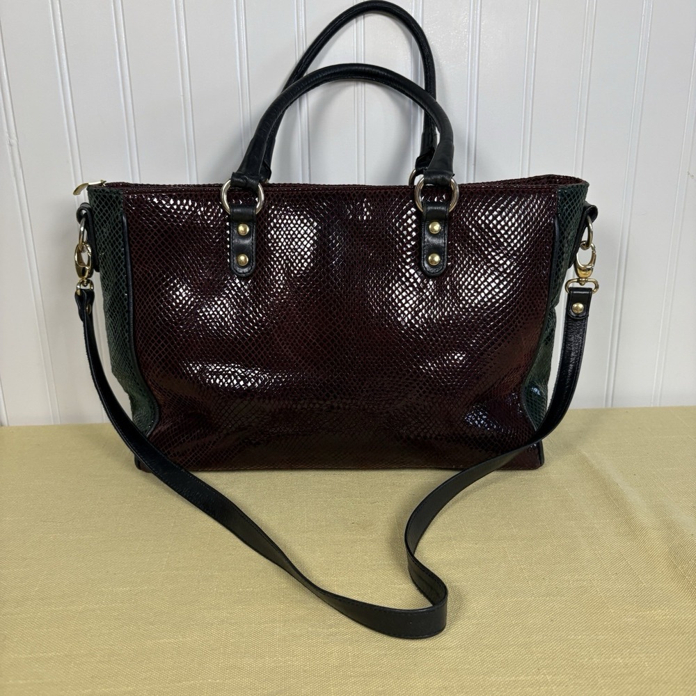 Vintage Due Fratelli Leather Purse Snakeskin Embossed Two Tone Burgundy & Green - Picture 4 of 14